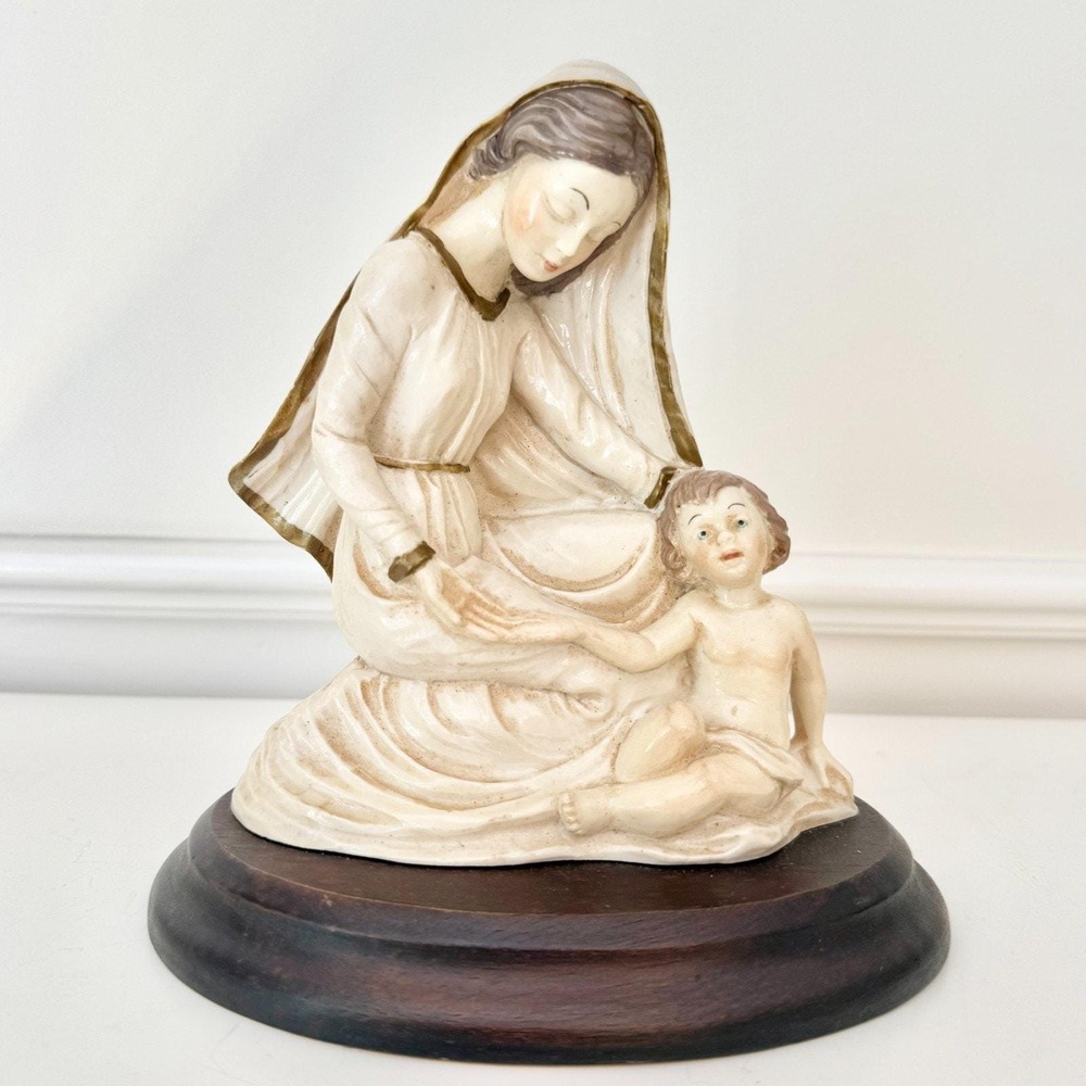 1950s Italian Madonna & Child Statue Glazed Ceramic on Wood 8"